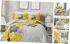 Comforter Set Floral Pattern Printed On Grey Cal King California King Yellow