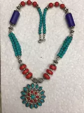 ON SALE: Navajo Southwestern Lapis, Sterling Silver, Turquoise & Coral Necklace