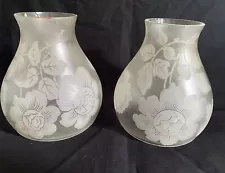 PAIR Small Antique Acid Etched Glass Lamp Shades Floral Pattern 4.5” T x 3 5/8”