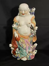 18” Vintage Porcelain Laughing Buddha With 7 Children Statue. Made In China