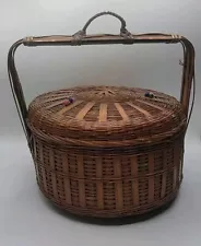 Vintage Chinese Wedding Sewing Basket Woven Wicker Rattan Handled Round with Lid