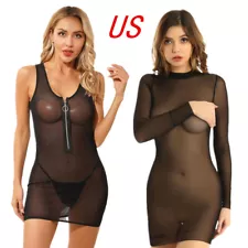 US Sexy Women See Through Dress Sheer Mesh Lingerie Nightie Bodycon Mini Dresses