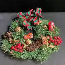 Christmas Wreath w Wooden Violins, Pine Cones, Holly Berries & Wired Ribbon 11"