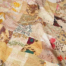 Indian Quilt Vintage Quilt Old Patchwork Silk Sari Kantha Quilted Bedcover Throw