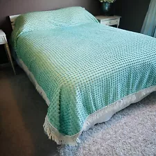 vtg green cotton bedspread chenille knob popcorn w fringe 89" x 102"