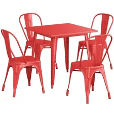 31.5'' Square Red Metal Restaurant Table Set with 4 Chairs For Outdoor Use