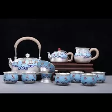 Six-character Motto Enamel Sterling Silver Tea Set Kettle Silver Teapot Cups Set