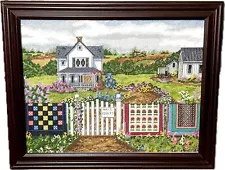 Vintage “Quilts For Sale” Farm Land Cross Stitch Needlepoint Framed Completed