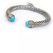 NWT DAVID YURMAN 7mm Classic Cable Bracelet in Turquoise Silver & Diamond Medium