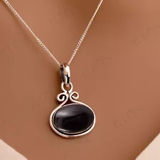 925 Sterling Silver Natural Onyx Necklace Oval Chain Pendant Gift 4 Women Boxed