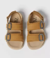 NWT Zara Baby Girl Leather Rhinestone Buckle Sandals Shoes Boho Natural Crew 7