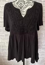 NWT LUCKY BRAND black short sleeve crochet yoke baby doll pullover top, Size XL