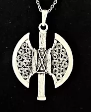 Sterling Silver 925 Fantasy Double Headed Battle Axe Pendant Signed