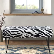 Zebra Print Faux Fur Stool Vanity Bench Ottoman Footstool with Black Legs Decor