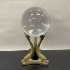 Vintage Brass Dolphin Stand and Crystal Ball 9"