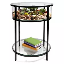 Round Terrarium Display End Table with Reinforced Glass in Black Iron - 20" Dia.