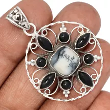 Natural Merlinite Dendritic Opal & Black Onyx 925 Silver Pendant ALS1 CP17546