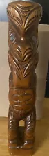 Hand Carved Wood Tiki Tribal Statue New Zealand Abalone Accents Sleek Design 12”