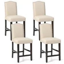 Set of 4 Upholstered Bar Stools 25" Counter Height W/ Rubber Wood Legs Beige