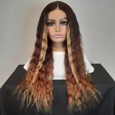 100% Human Hair T-Part Lace Front Brown With Blonde Money Pieces Wig