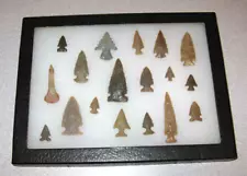 Lot of 18 Native American Indian small arrowheads artifacts in display case