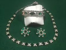 Emerald Green Necklace Bracelet Earrings Austria & Unmarked Costume Jewelry Set