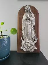 Our Lady Of GUADALUPE pewter On Wood Wall Hanging Art