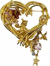 Signed KIRKS FOLLY Wisteria Wood Fairy Heart Brooch Pin Ab Rhinestone Enamel