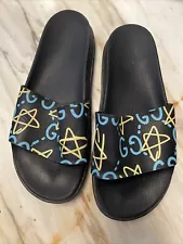 Gucci Beach Slide Blue And Yellow Ghost Calfskin Size 10