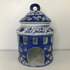 Chinoiserie Ceramic Blue Candle Holder Vintage Bird Cage Cover 12 x 8