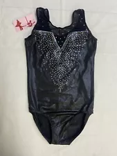 NWT Girls 12A Leotard Black With Sequins On Chest Gymnastics Sheer Top