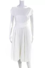 Adeam Venus Boat Neck Sleeveless Pleated Midi Dress White Size M