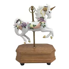 Carousel Unicorn Horse Music Box Works Porcelain White w/ Flowers Oak Base