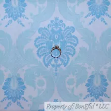 BonEful FABRIC Cotton Quilt White Blue VTG Antique Damask Flower RARE SALE SCRAP