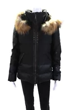 Descente Womens Front Zip Raccoon Fur Hooded Down Quilted Jacket Black Size 8