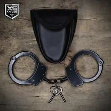 BLACK Handcuffs Double Lock Chained Real Hand Cuffs w/Keys + Pouch