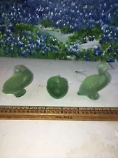 Lalique France Green Crystal Canard - Duck Figurines Lot Of 3 Clean Example