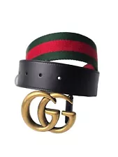 Gucci GG Marmont WEB Belt 70 28 Black Leather Red Green Canvas NWT