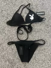 PLAYBOY BIKINI, BLACK W/BUNNY HEAD, SMALL, NWT