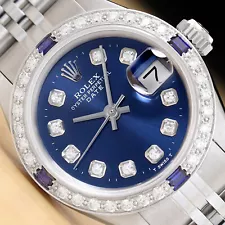 LADIES ROLEX DATE DIAMOND SAPPHIRE 18K WHITE GOLD & STEEL BLUE DIAL WATCH