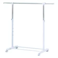 Adjustable Rolling Garment Rack Metal Chrome, White, 84-121Wx44Dx123.5-163Hcm