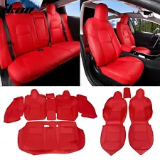 Fits 17-23 Tesla Model 3 4DR 5-Seat Seat Covers Cushion Protector Leather - Red