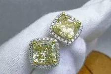 4Ct Cushion Lab-Created Canary Yellow Diamond Earrings 14k White Gold Plated