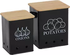 Potato Onion Storage Bin Kitchen Storage Canister Set of 2 Wood Alloy Steel