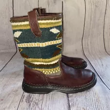 Born Women Brown Leather Boots 9 Woven Blanket Shaft Green Boho Western Mid Calf