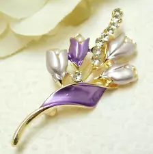 PURPLE ENAMEL, CRYSTAL RHINESTONE, FAUX PEARL ,TULIP BOUQUET BROOCH