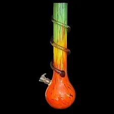 Vintage Long Neck Vase Bong Colored Glass Hookah Bubbler Pipe Rasta Colors 16"