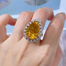 Genuine Citrine Water Drop Ring, Large 15 Carat Natural Citrine Gemstone Ring