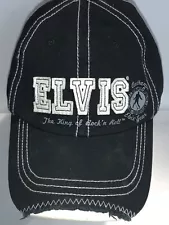 ELVIS HAT CAP ADJUSTABLE STRAPBACK KING OF ROCK AND ROLL DISTRESSED BLACK