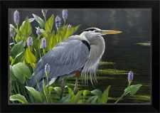 Biding Time Great Blue Heron Black Framed Wall Art Print, Bird Home Decor